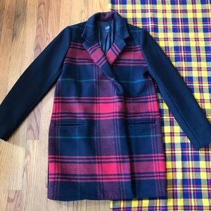 GAP Black Wool Blend Peacoat Plaid Driving Coat
